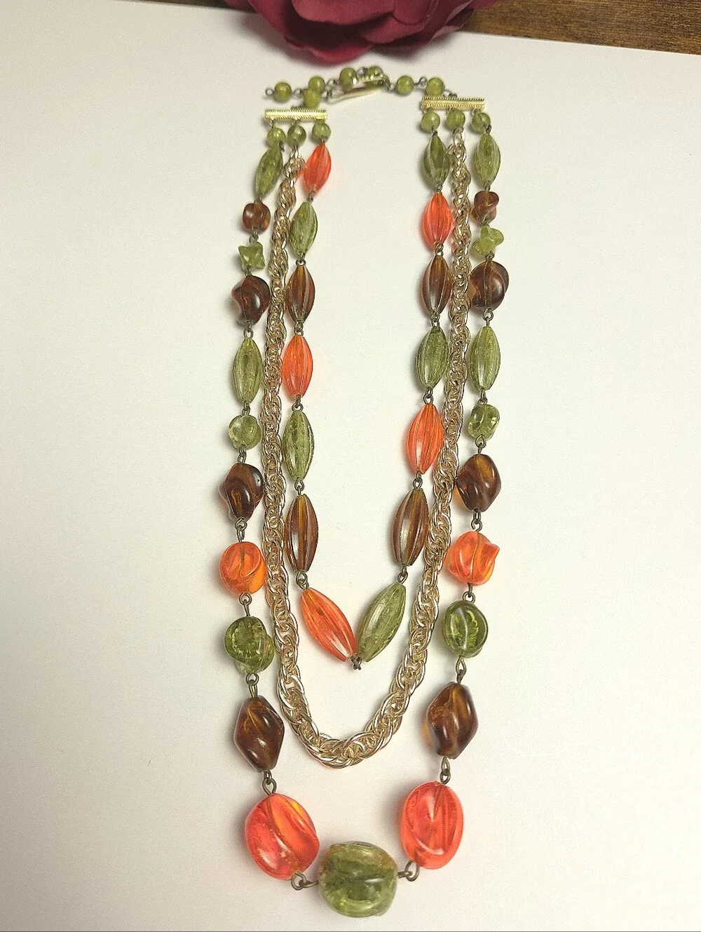 Vintage Orange Green & Brown Acrylic Beaded Multi Strand Necklace 1950s Germany